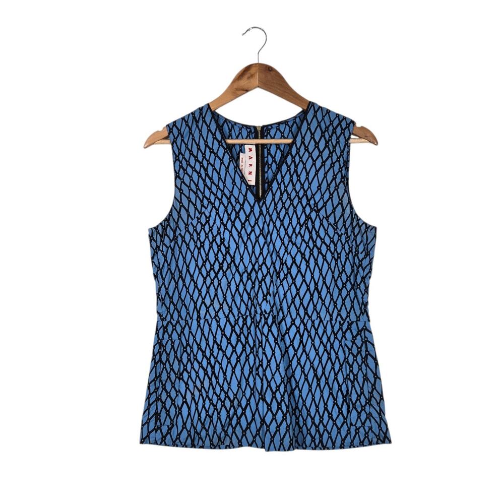 Marni Top sz 42 Italy DISCOLORATION Blue Black Geo 100% Cotton Print Sleeveless